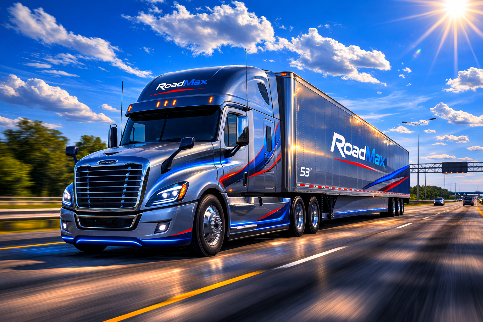 53-foot dry van semi-truck driving on a wide American highway during a bright sunny day